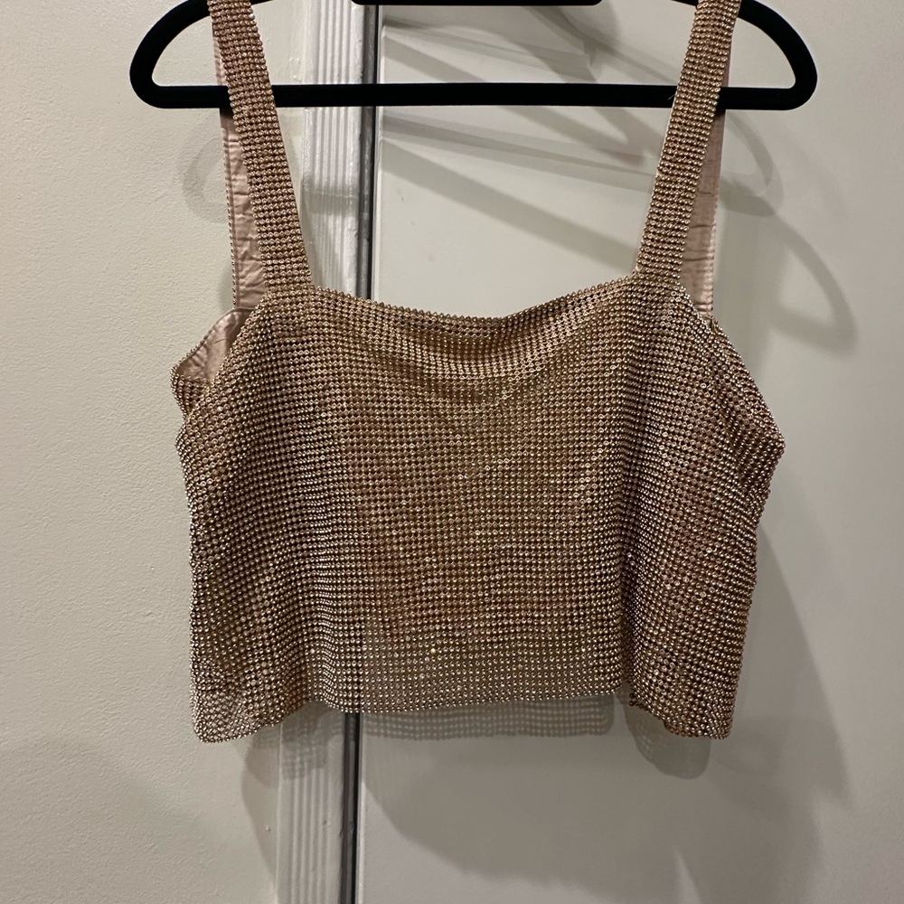 Rhinestone Embellished Crop Tank Top - Champagne